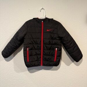 Nike Puffer Jacket Size 3T Black and Red Full Zip with Hood Unisex Toddler EUC